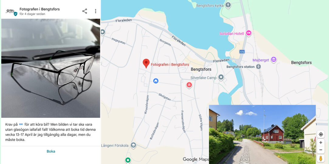 Bilden visar en karta till fotografen i Bengtsfors man ser en bild på fotografens röda hus. Till vänster ett inlägg om att fotografera för körkort
